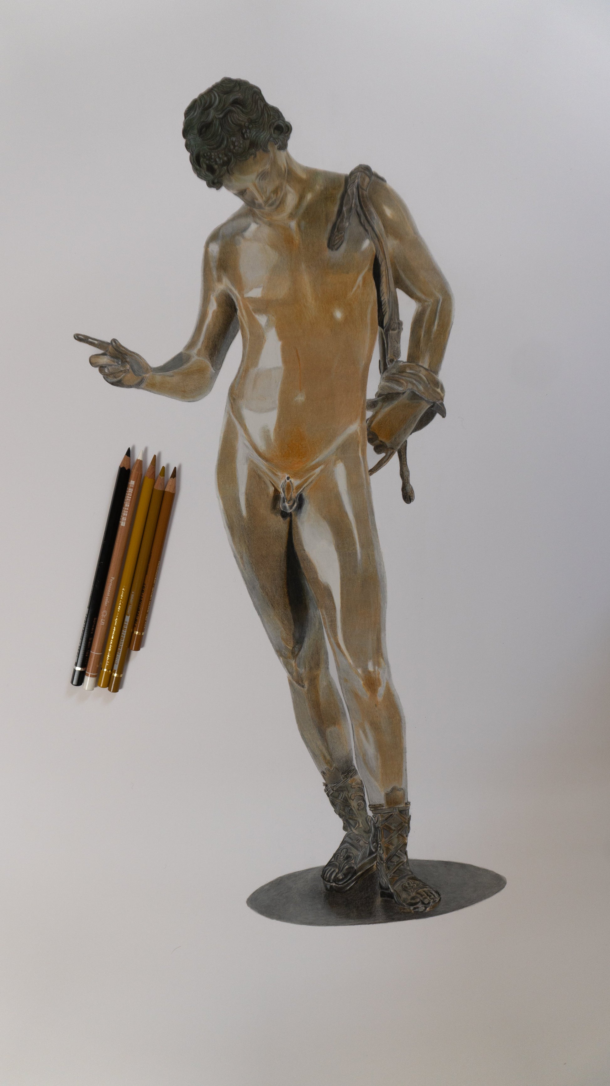 A pastel pencil drawing of a sculpture