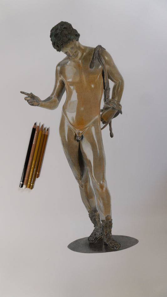 A pastel pencil drawing of a sculpture